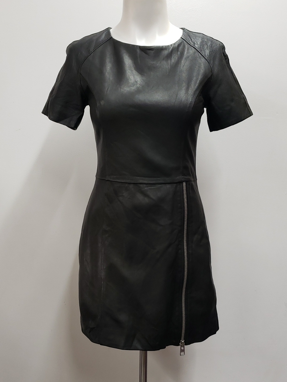 AllSaints "Feliz" Black Leather Mini Dress Women's Size 6 Genuine Lamb Leather